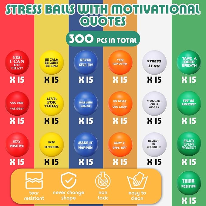 Chivao 300 Pcs Motivational Stress Balls Colorful Foam Inspirational Quotes Anxiety Relief Balls Small Funny Stress Relief Hand Exercise Gifts for Adults Teams Motivating Encouraging (Inspiring)