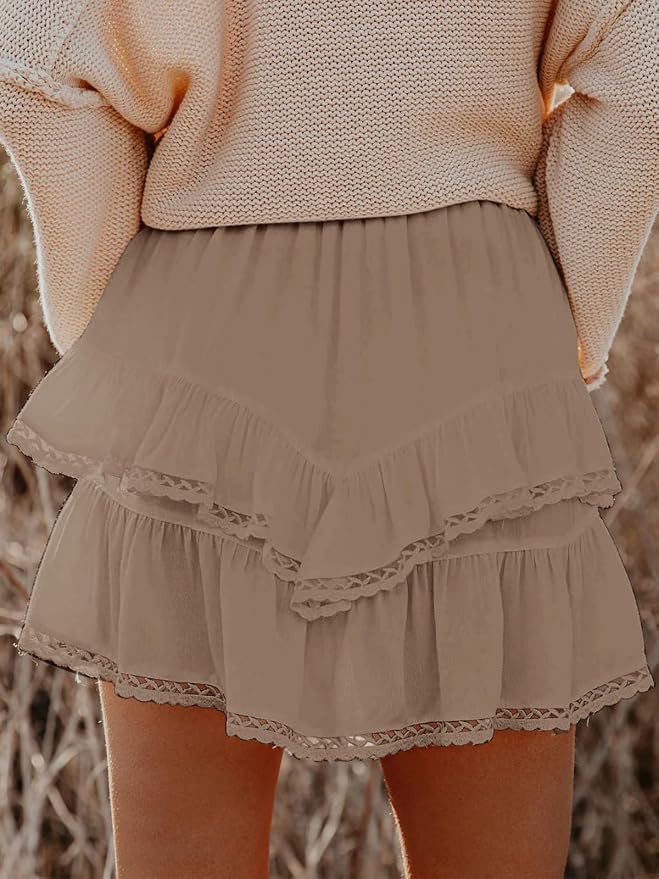 Flowy Shorts for Women Casual Boho Ruffle Tiered Skorts High Waist Mini Skirts Golf Tennis Crochet Shorts