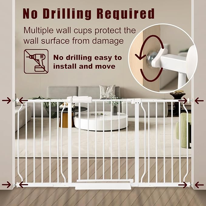 Extra Wide Baby Gate 57.5-62.2 Pressure Mounted,Child Dog Pet Safety Gates with Walk Through Door for Doorways Stairs No Drilling in Door,White