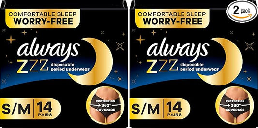 Always ZZZ Overnight Disposable Period Underwear for Women Small/Medium, 360° Coverage for Worry-Free Nights,14 Count (Pack of 2)