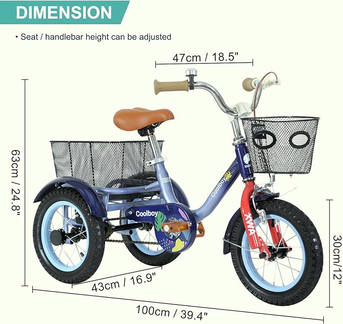 Kids Tricycle with Safety Features, Wide Anti-Skid Tires, Storage Basket, Soft Cushion Seat, Red