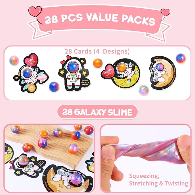 28 Pack Valentines Day Cards for Kids School with Galaxy Slime Stress Relief Fidget Toys - Classroom Valentines Gifts for Kids, School Classroom Exchange, Class Party Favors