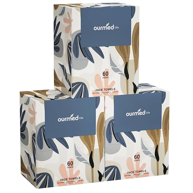 Ourmed Life Face Towels, Disposable Biodegradable Facial Towels for Sensitive Skin, Lint- free Facial Wipes for Washing Face, Skincare and Makeup Remover, Dry Wipes, 10"×7.9" Extra Large, 180 Count