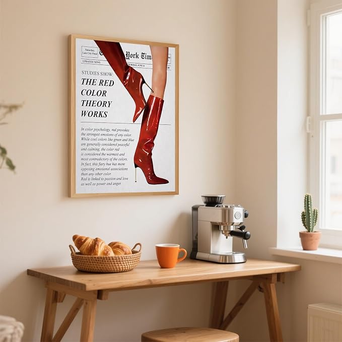 Vintage Color Theory Newspaper Poster Retro Fashion Red Boots Canvas Wall Art Funky Girl Room Decor Feminist Quote Print Wall Decor Aesthetic for Girly Bedroom Home Dorm 16x24inch Wooden Framed