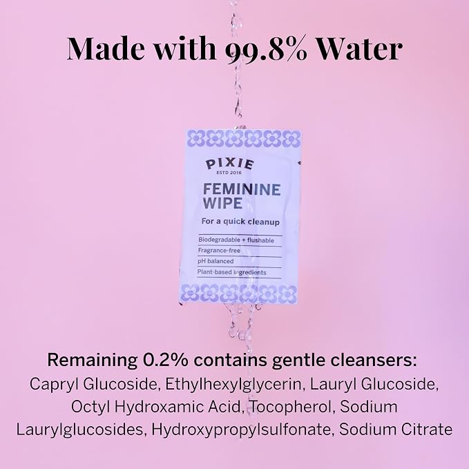 Pixie Feminine Wipes - Flushable, Biodegradable, & Ph Balanced - Individually Wrapped Packet Wipes for On The Go & Public Bathrooms - Wash & Cleaner For Your Menstrual Cups & Discs (3 Pack of 10)