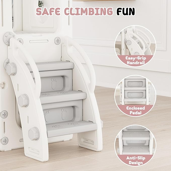 GITAWUSA 8 in 1 Toddler Slide, Outdoor Indoor Playset for Kids Baby Age 1 2 3, Childs Climber Slide with Storage Space and Non-Slip Steps, Basketball Hoopa and Telescope, Gray & White