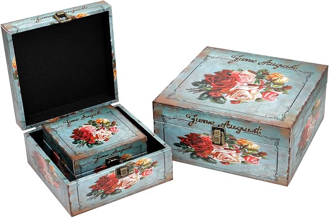 Jolitac Wood Storage Box Set of 3, Vintage Decorative Nesting Boxes Wooden Treasure Storage Crates With Latch, Home Decor Rustic Antique Boxes With Lid for Photos, Jewelry, Cash (Bloom)