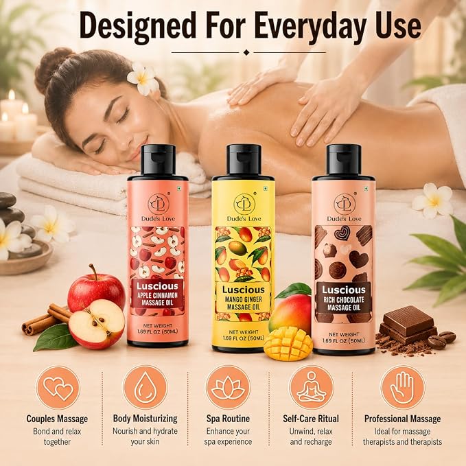 Dude's Love Luscious Flavored Massage Oil Set - Pack of 3 - Organic - Chocolate, Apple Cinnamon, Mango Ginger - Non-Sticky, Nourishing & Moisturizing - Aromatherapy Vegan Oil - 1.69 FL OZ x3