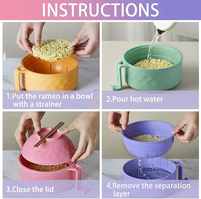 6 Sets Microwave Ramen Bowl Bulk 40 oz Wheat Straw Instant Ramen Cooker Set Portable Noodle Cooker with Handle Spoon Chopsticks Fork for College Dorm Room Gift (Fresh Colors)