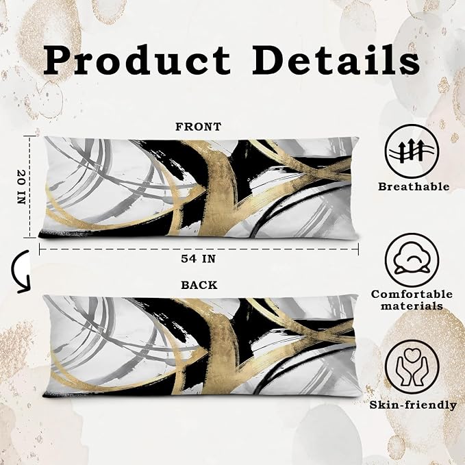 Abstract Black and Gold Striped 20x54 Body Pillow Cover, Modern Home Decor, Boho Room Decor, Black White and Gold Abstract Ink Line Long Body Pillow Pillowcase for Couch Bed
