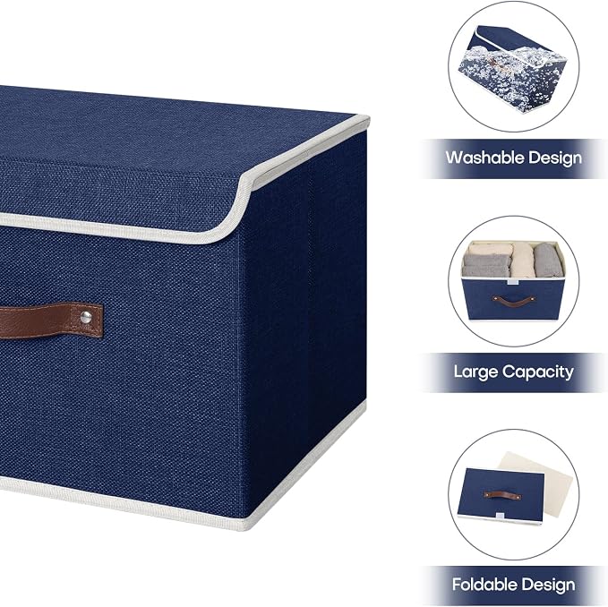ANMINY Fabric Storage Box Bins with Lids, Blue, 15"x10"x10", 4 Pack | Keepsake Memory Storage, Cotton Linen, PP Board Reinforced, Washable, PU Handles, Foldable & Stackable, Decorative, Large
