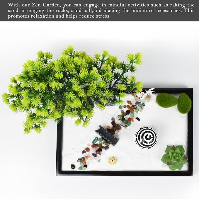 Artcome Japanese Zen Sand Garden for Desk - Home, Office Desk Accessories - Crafted Meditation Therapy Rectangle Tray - Mindful Relaxation Tool for Stress Relief