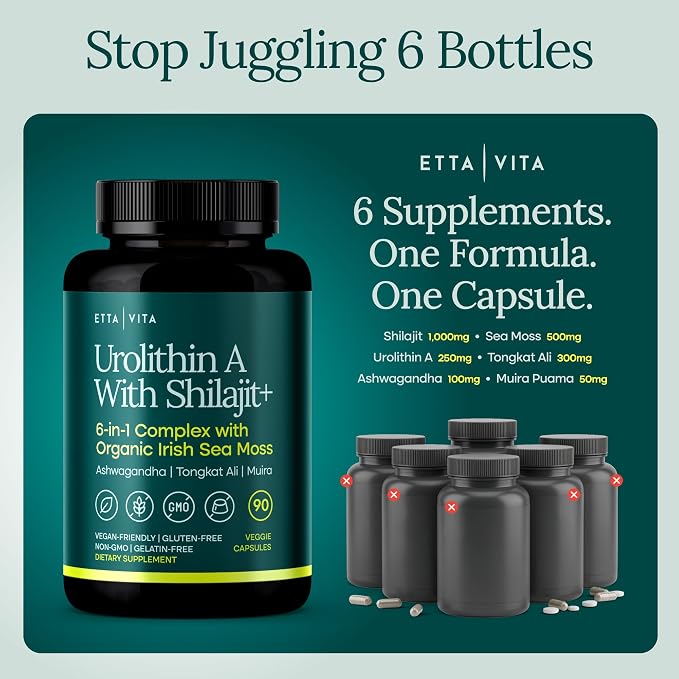 Urolithin-A Complex w Shilajit, Organic Sea Moss, Ashwagandha & Tongkat Ali, Natural Energy, Libido, Hormone Balance, and Focus for Men & Women (Made in USA - 3rd Party Tested)