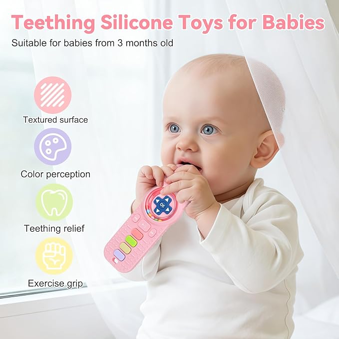 Baby Teether Toy Chew Toys for Babies, Silicone TV Remote Control Shape with Rattle Teething Relief for Infants, Sensory Teething Toys for Baby
