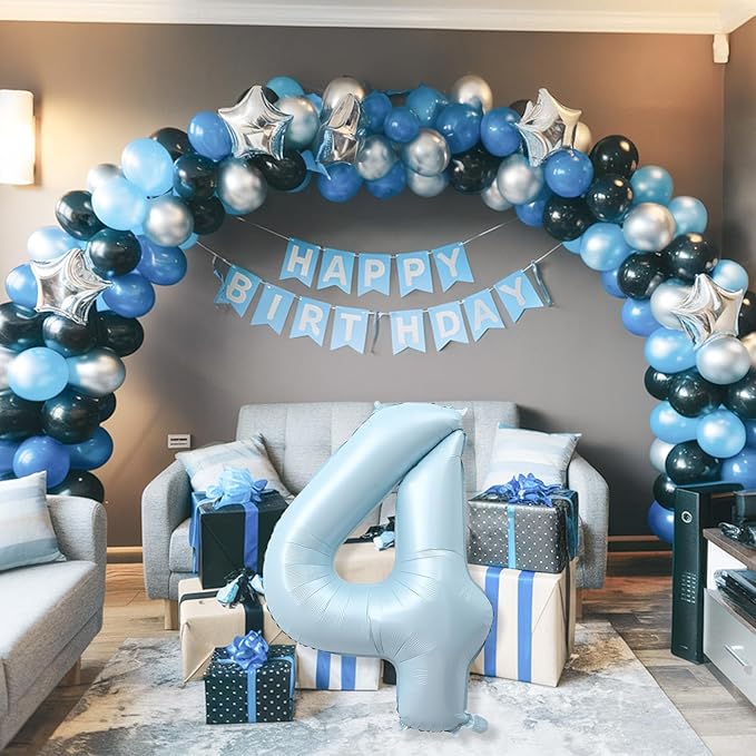 Foil 4 Balloon, Light Blue Big Number 4 Balloons for Boys Birthday Party Decor, 40 Inch Mylar Helium Self Inflating Number Four Sky Baby Blue Balloon for Kids 4th Birthday Party Anniversary Decoration