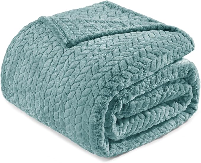 Exclusivo Mezcla Soft Fleece Bed Blanket Twin Size, 60”x80”, Celadon | Cozy Fluffy Lightweight Blankets for Summer, Decorative Plush Flannel Throws for Living room, Bedroom with Leaves Pattern