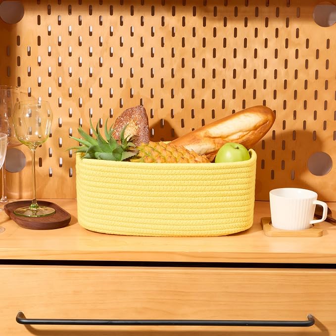 MiniArk Small Storage Baskets for Organizing | Closet Organizer Bins | Shelf Toy Basket | Woven Rope Baskets | Cube Decorative Box | Shallow Basket | 13x8.5x5.1” | 3 Packs Yellow