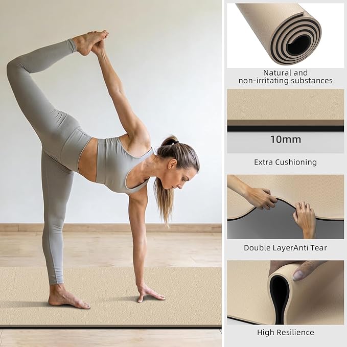 10mm0.4"TPE Yoga Mat Thick Wide Large for Home Workout Carrying Strap | Non Slip Exercise Mats Cushioned Joint-Friendly Stable,76"x28"Extra long Tapis Entrainement Au Sol Fitness,Pilates Gym Travel
