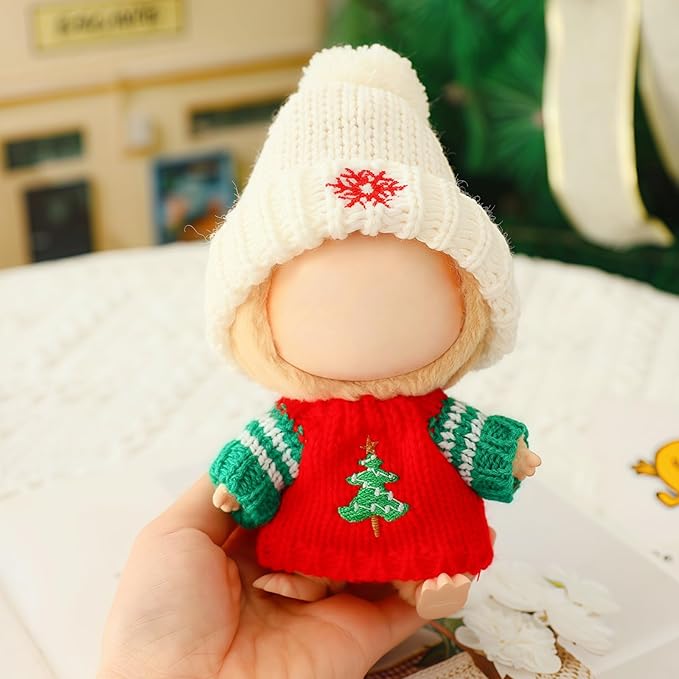 Christmas Hat Clothes for Dolls Accessories, Stylish Kawaii Festive Christmas Tree Sweater Outfit Set 2 Pieces Suitable for 15cm 17cm Doll , Xmas Doll Clothing Set Replacement