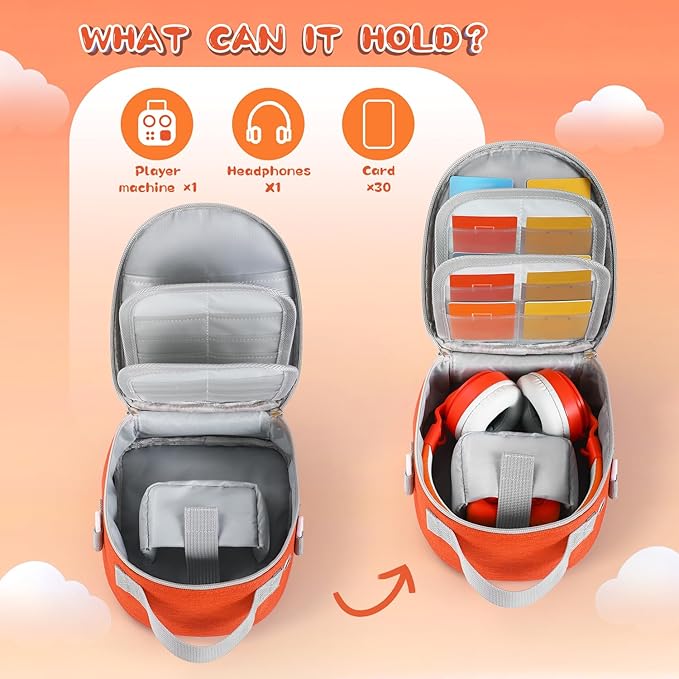 Carrying Case Compatible with Yoto Mini (2024 Edition),30 Cards Storage Bag with Handle and Shoulder Strap, Travel Storage box for Player & Headphone Accessories (Orange)
