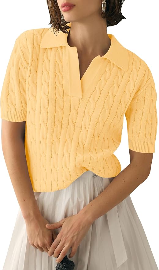 Micoson Womens Short Sleeve Sweater Tops Lapel V Neck Polo Shirts 2026 | Summer Cable Knit Loose Blouses, Business Casual Outfits