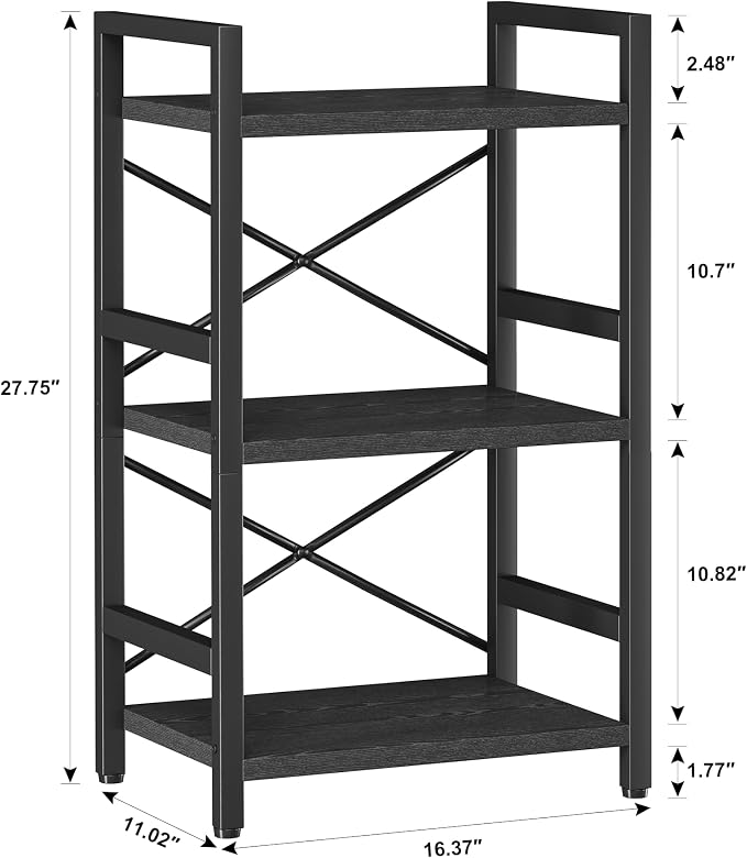 Homeiju Bookshelf, 3 Tier Industrial Bookcase, Metal Small Bookcase, Rustic Etagere Book Shelf Storage Organizer for Living Room, Bedroom, and Home Office(Black) Patent Pending D29873033