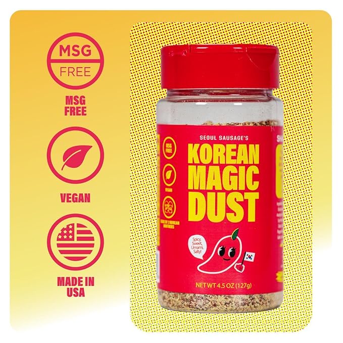 Korean Magic Dust 4.5oz (127g) – Seasoning Blend - Salty, Spicy, and Umami Flavor Explosion – Award-Winning, Food Network The Great Food Truck Race Winner – Perfect on Eggs, Meats, Veggies, Popcorn, Chips, and More.
