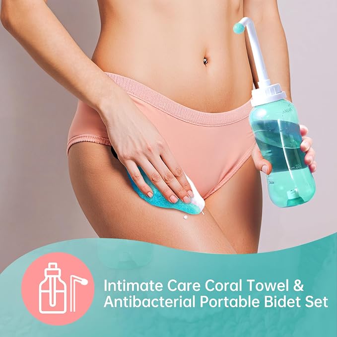 Portable Bidet with Intimate Washcloths - Bidet Sprayer with 2 Nozzle for Wash and Anal Douche, Bottle BPA-Free for Care (Green)