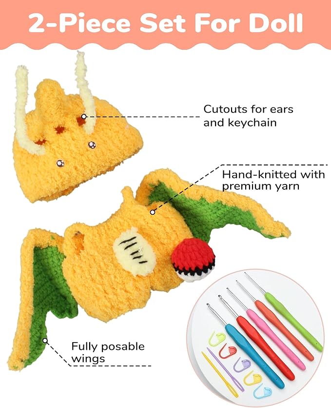 Hand-Crocheted Doll Clothes Set for 17cm Dolls - Original Cute Outfit, Handmade Crochet Accessories, Kawaii Animal Style Collectibles (Dreamy Dragon)