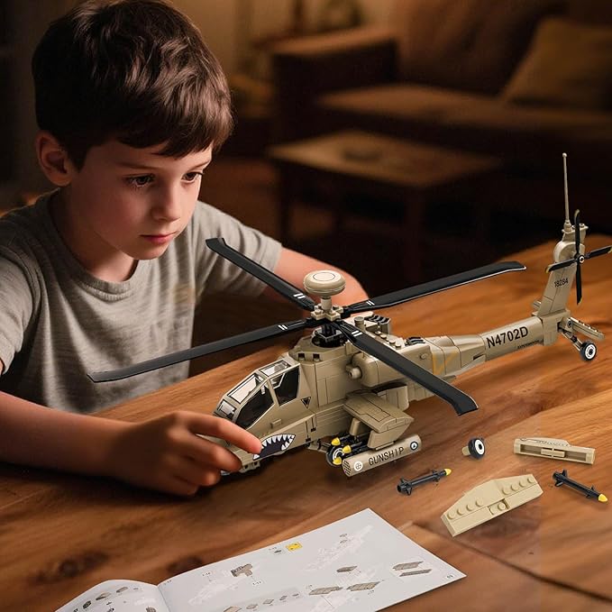 AH-64 Military Helicopter Building Set, Compatible with Lego Military Army Airplane, for 8-14 Years Boys and Adults as Gifts