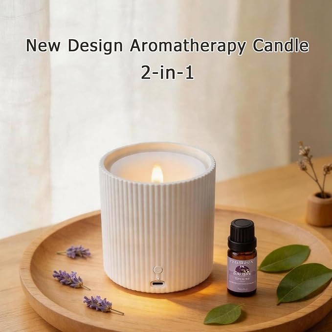 NO-Battery 2 in 1 LED Candle Waterless Diffuser and 3D Wick and Realistic Flame Candle,Flameless Candle Diffuser,Waterless Essential Oil Diffuser with 12PCS Cotton Pads(Only Connect USB Line Use)