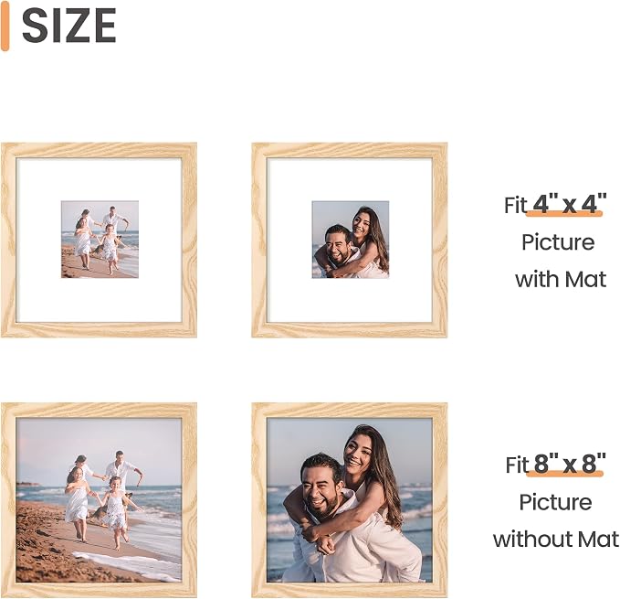 upsimples 8x8 Picture Frame, Display Pictures 4x4 with Mat or 8 x 8 Without, Wall Hanging Photo Frames, Natural Style, 1 Pack
