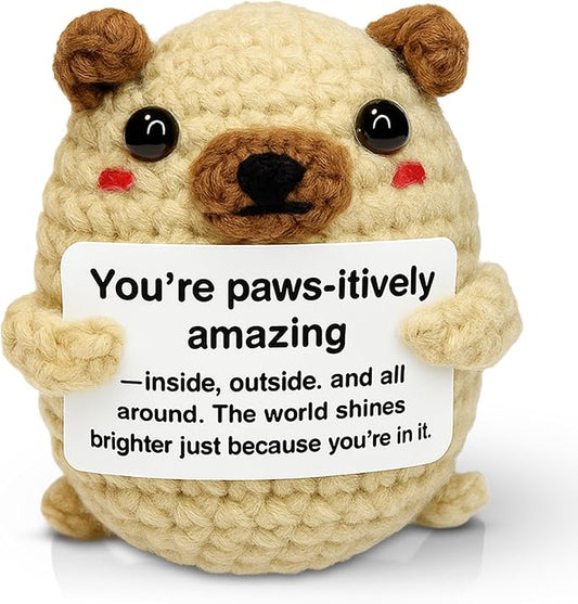 Positive Crochet Animals Pug - Handmade Emotional Support Crochet Doll Dog Desk Decor Pickle Gifts Emotional Support Plush for Anxiety & Stress Relief