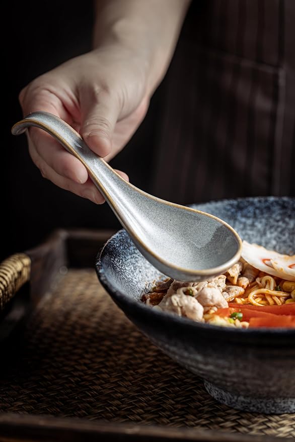 LYEOBOH Ceramic Asian Soup Spoons Set of 6, Ramen Spoons with Long Handle | Japanese Ramen Spoons with Deep Hook Design for Miso Rice, Chinese Soup Spoons for Kitchen, Dishwasher Microwave Safe, Gray