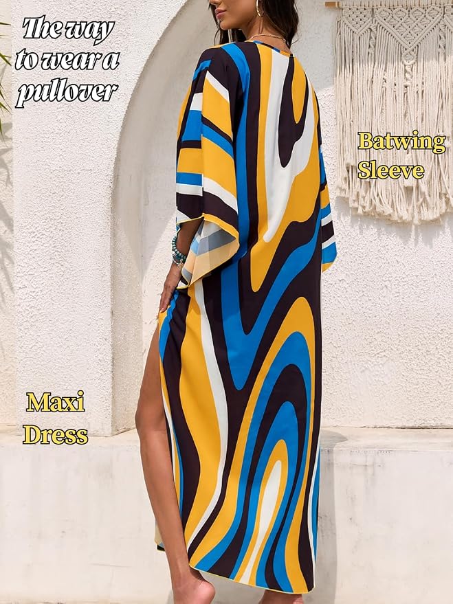 ChiaoLezhee Print Moo-Moos for Women, Kaftan Cover-Up Dresses, Sexy V-Neck High-Slit, Beach Pool-Party Coverups Muumuu Plus