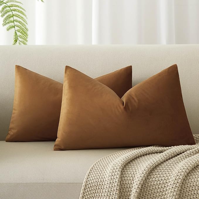 Light Brown 12x20 Lumbar Throw Pillow Covers Set of 2 for Couch Bed Sofa | Decorative Soft Velvet Cushion Covers with Invisible Zipper for Living Room Bedroom Home Decor