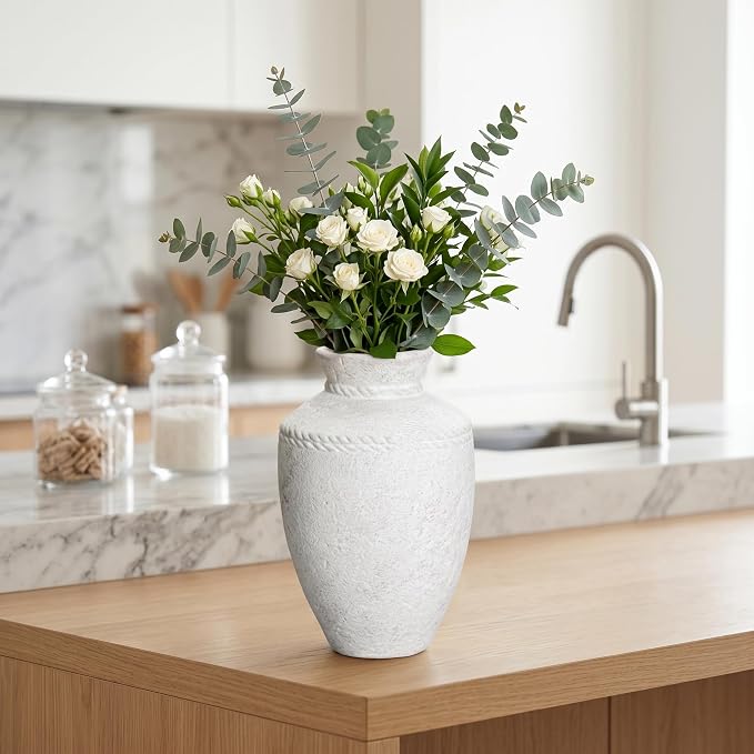 White Ceramic Flower Vase Home Decor 10 Inch Rustic Farmhouse Vase Decorative Pottery Terracotta Vases for Pampas Grass Dining Table Living Room Shelf Kitchen Bedroom Decor