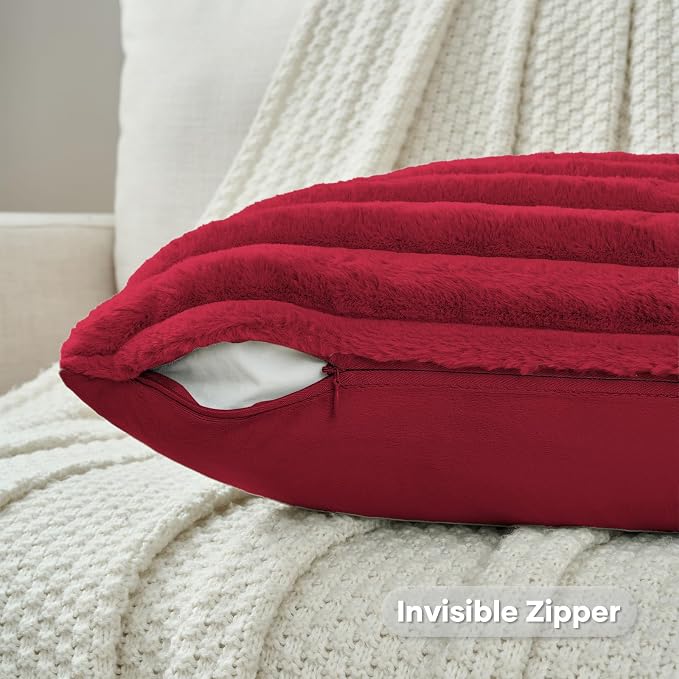 FUTEI Pack of 2 Faux Fur Throw Pillow Covers 18x18 Inch, Retro Red | Fluffy Faux Rabbit Fur Front/Premium Velvet Back,Hidden Zipper,Machine Washable,Non-Shedding,Colorfast,Insert Not Included.