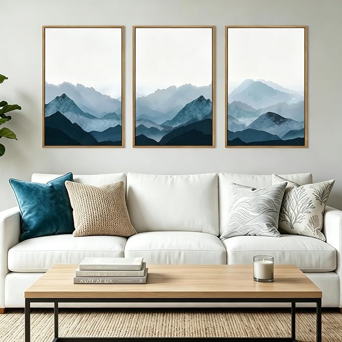 BINCUE Large Blue Mountain Wall Art Fog Blue Ridge Mountains Artwork for Living Room Bedroom Office 24x36 Inch Set of 3