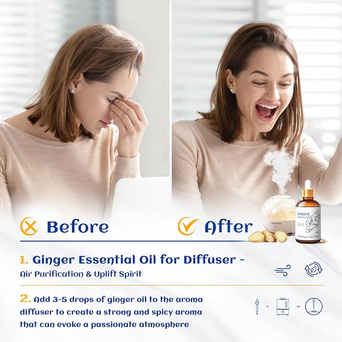 HIQILI 1 Fl Oz Ginger Oil, Ginger Essential Oil for Hair, Massage, Skin - 30ml | Warming Sensation for Body & Joint Comfort, Soothe Tired Muscles, Enjoy a Cozy Calming Space - 30mL / 1.01 fl.oz