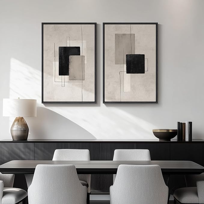 Framed Neutral Black Beige Abstract Wall Art Set of 2, Modern Minimalist Canvas Prints Paintings Artwork for Walls, Block Lines Pictures for Living Room Dining Room Bedroom Office Wall Decor 16x24 In