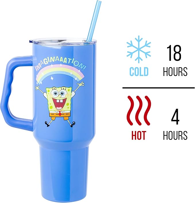 Silver Buffalo SpongeBob SquarePants “Imaginaaation!” Double Walled Stainless Steel Tumbler with Handle, Fits in Standard Cup Holder, 40 Ounces