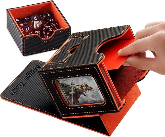 Mage Tech Card Deck Box for MTG Commander - Patented Design, Commander Display, Fits 100 Double-Sleeved Cards, 35pt Card Brick & Dice Tray - Grey/Orange