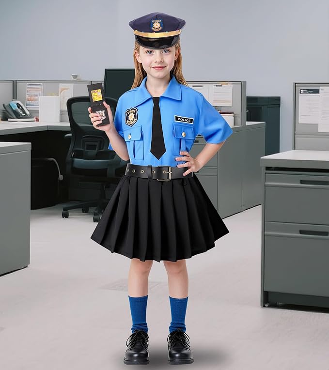 Meland Police Officer Costume for Girls - Halloween Dress Up for Girl Age 3-12, Role Play Outfit for Halloween Career Day