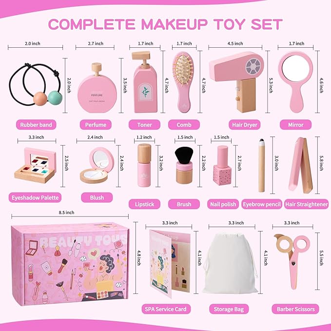 Ehome Wooden Beauty Salon Play Set, Makeup Kit Play Set Wood Makeup Toy Set for Toddler Pretend Play Makeup Kit with Realistic Accessories for Girls 3 4 5 6 7 8 Year Old Christmas Birthday Gifts