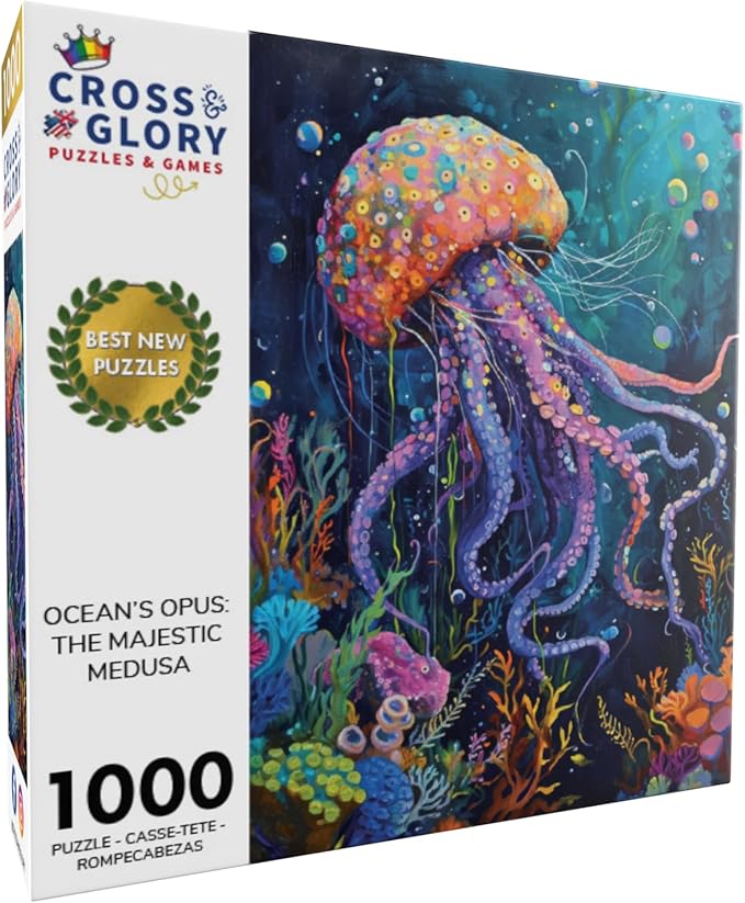 Cross & Glory 1000 Piece Jigsaw Puzzle for Adults | Ocean’s Opus: The Majestic Medusa | Marine Ocean Artwork Puzzle | Challenging Brain Teaser | Firework Jellyfish Design