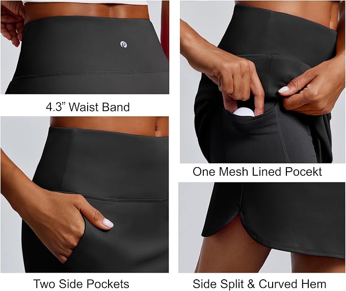 PINSPARK 18" Skorts for Woman Above Knee Length Golf Skirts 3 Pockets | High Waist, Built in Shorts, UV Protection, 4-Way Stretch, Soft, Dolphin Hem, Athletic, Tennis, Pickleabll, Casual