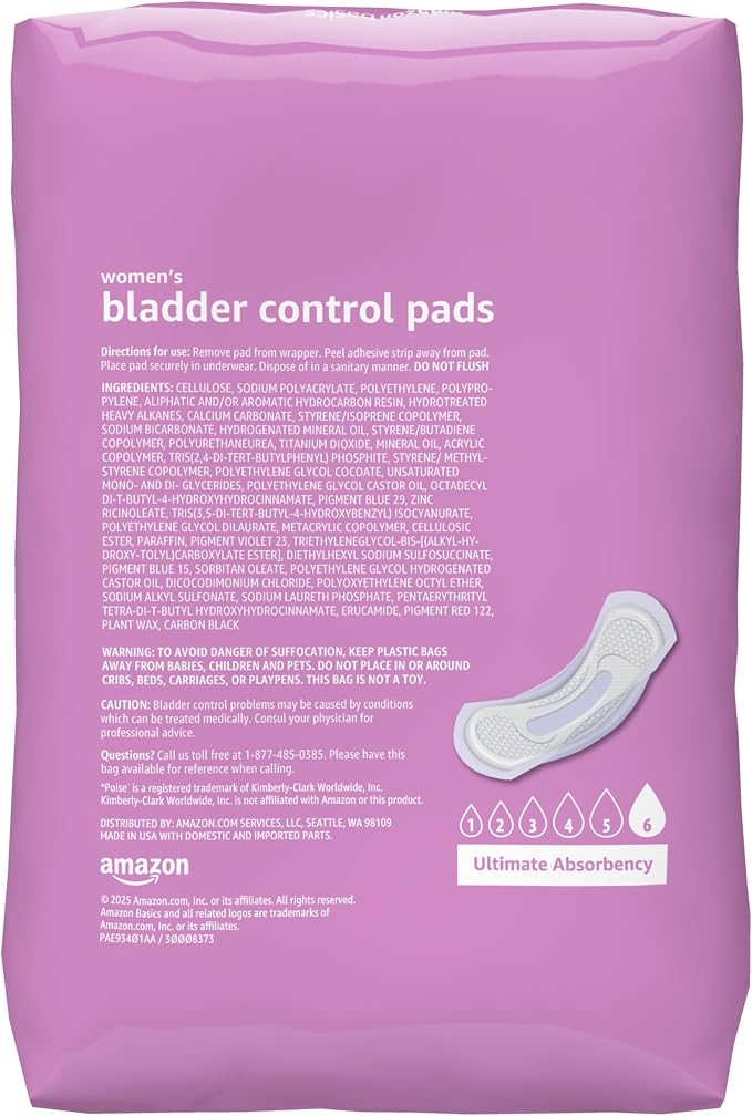 Amazon Basics Incontinence Pads for Women, Long, Postpartum, Bladder Control, Ultimate Absorbency, Fresh Protection, Unscented, 30 Count