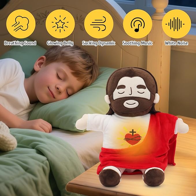 Officially Jesus Plush Breathing Soothing Stuffed Animal Heart of Jesus Toy Savior Doll for Church Sunday School Religious Easter Gift for Kids (Red)