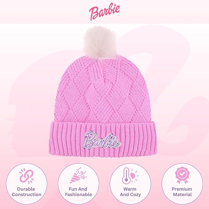 Barbie Girls Winter Hat with Gloves for Ages 5-13 Years – Ultra Soft Pink Beanie Winter Hat for Outdoors